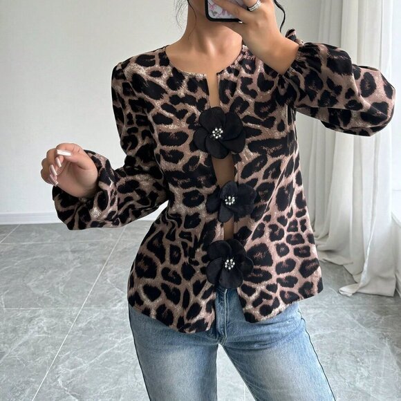 Black Casual Women's Elegant 3d Floral & Leopard Print Lantern Sleeve Blouse - Picture 4 of 5